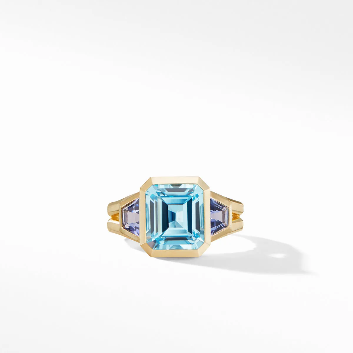 Novella Three Stone Ring in 18K Yellow Gold with Blue Topaz and Tanzanite