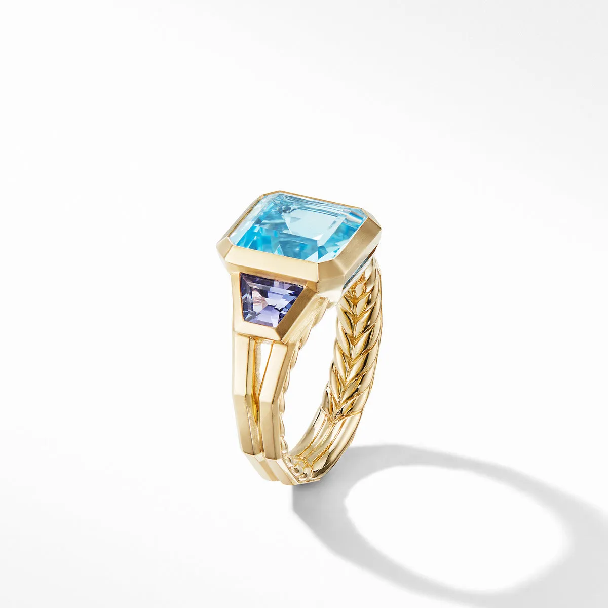 Novella Three Stone Ring in 18K Yellow Gold with Blue Topaz and Tanzanite