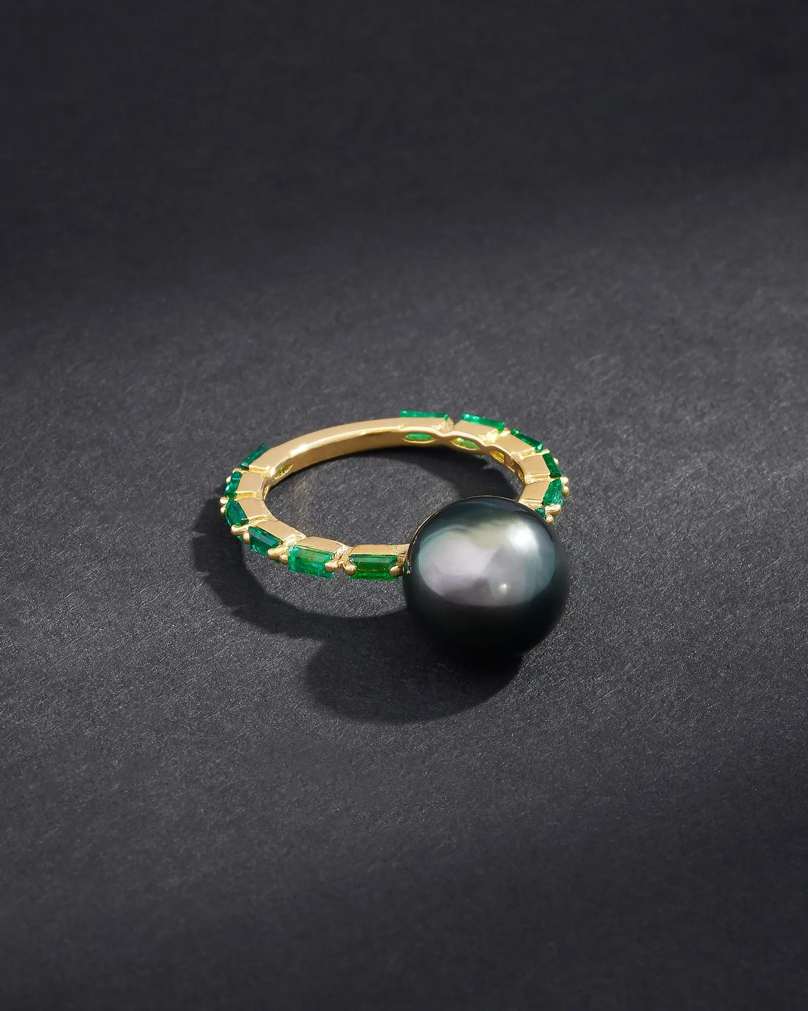 One of a Kind Tahitian Pearl Ring with Emerald Baguettes