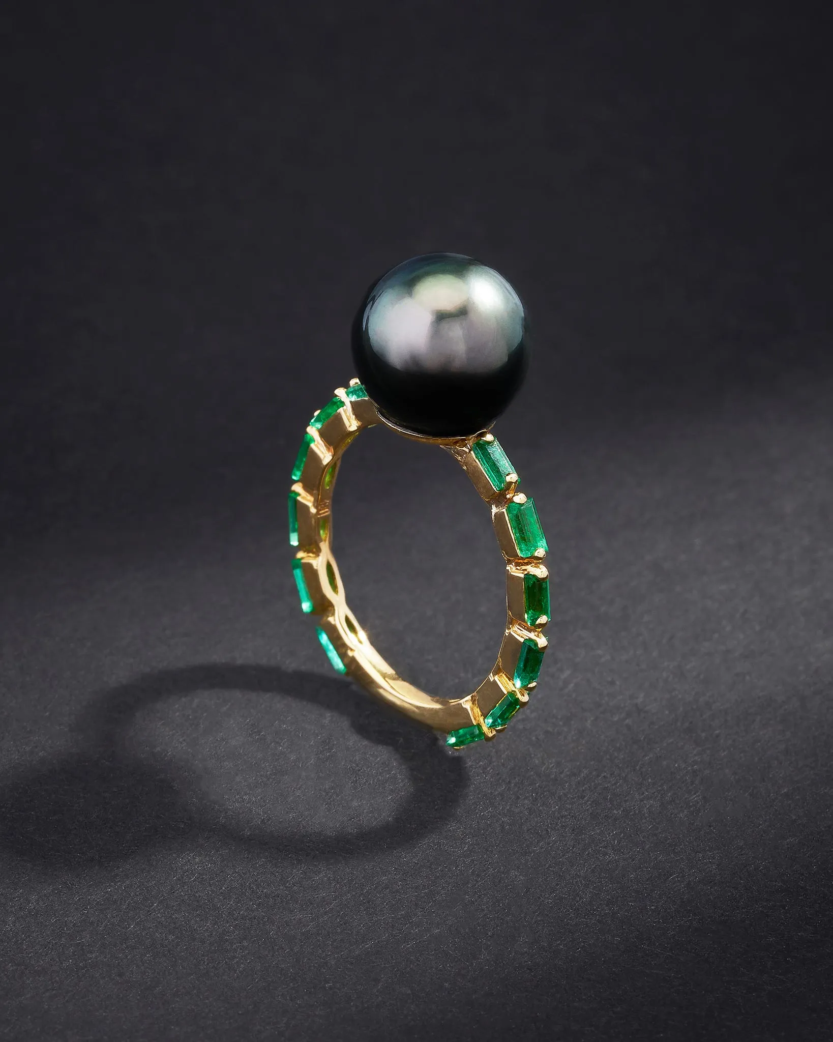 One of a Kind Tahitian Pearl Ring with Emerald Baguettes