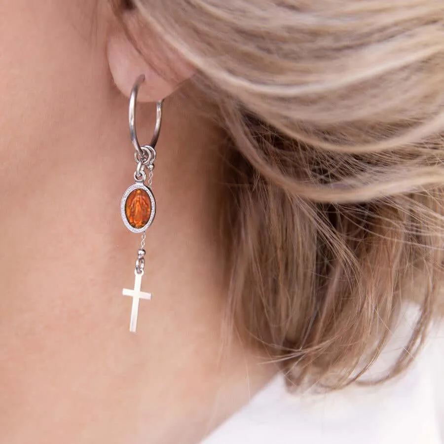 ORANGE MIRACULOUS MEDAL - HOOP EARRINGS - SILVER