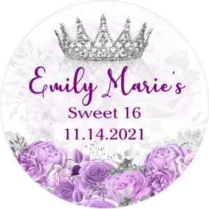 Party Favors Princess Crown Tiara Silver Purple and White Floral Personalized any age Birthday Round  Stickers  Supplies Labels