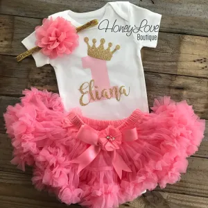 Personalized 1st Birthday Princess outfit - Gold Glitter and Coral Pink - embellished pettiskirt