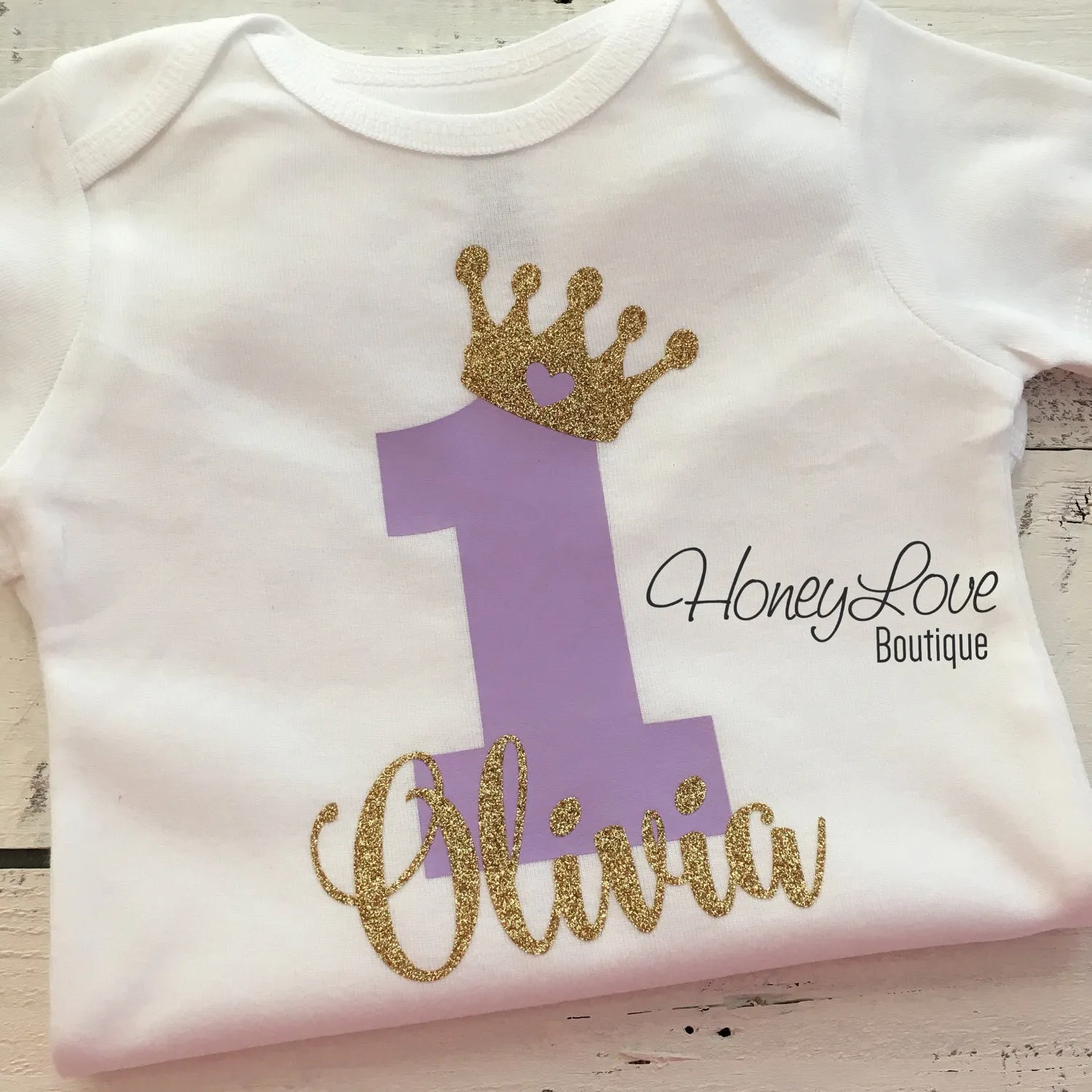 Personalized 1st Birthday Princess outfit - Gold glitter and Lavender Purple - embellished pettiskirt