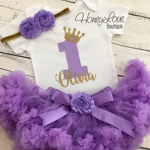 Personalized 1st Birthday Princess outfit - Gold glitter and Lavender Purple - embellished pettiskirt