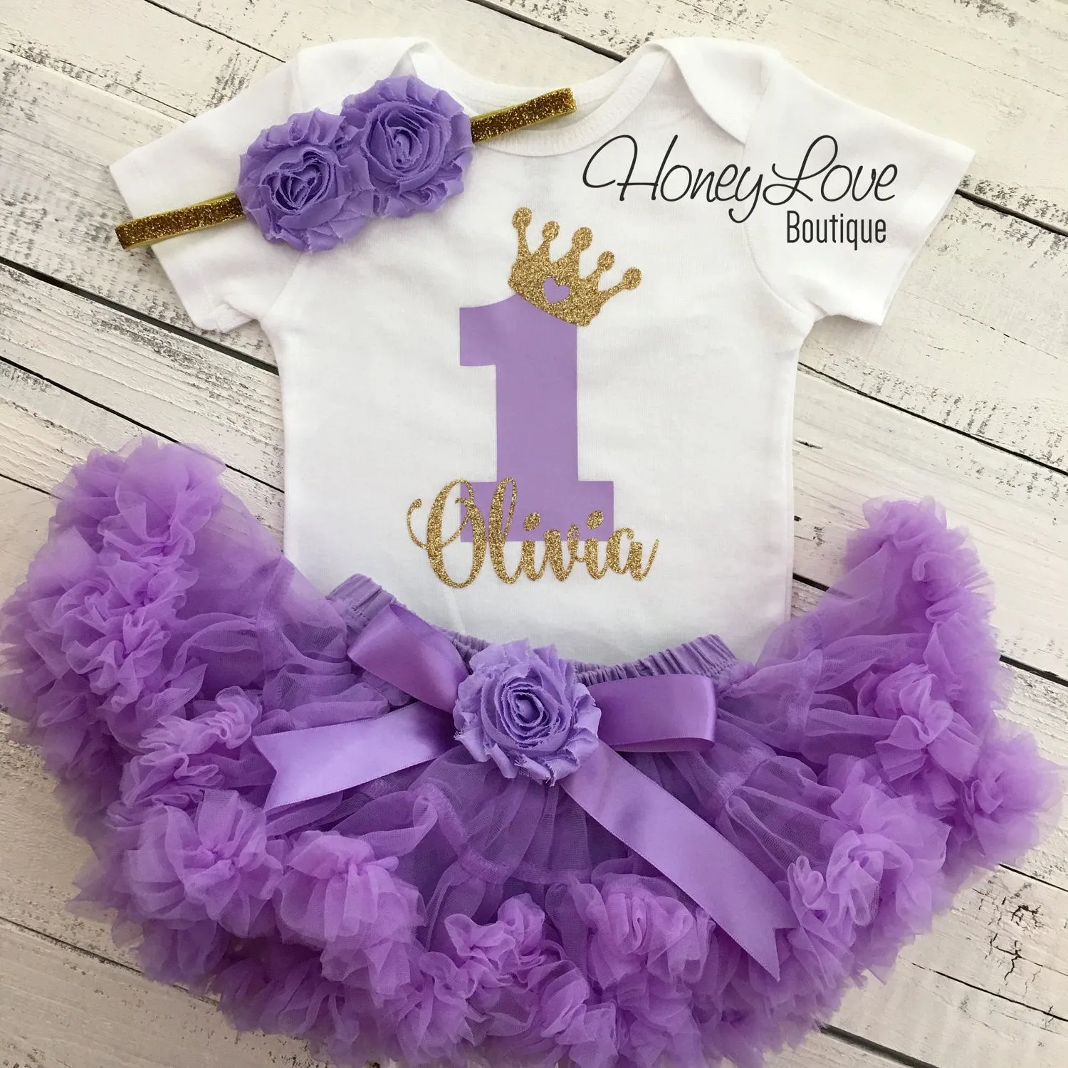 Personalized 1st Birthday Princess outfit - Gold glitter and Lavender Purple - embellished pettiskirt