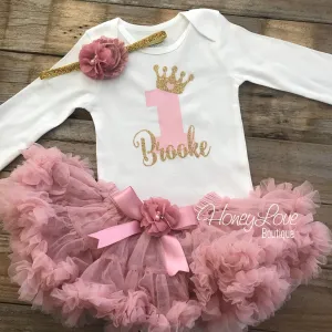 Personalized 1st Birthday Princess outfit - Gold Glitter and Vintage Pink - embellished pettiskirt