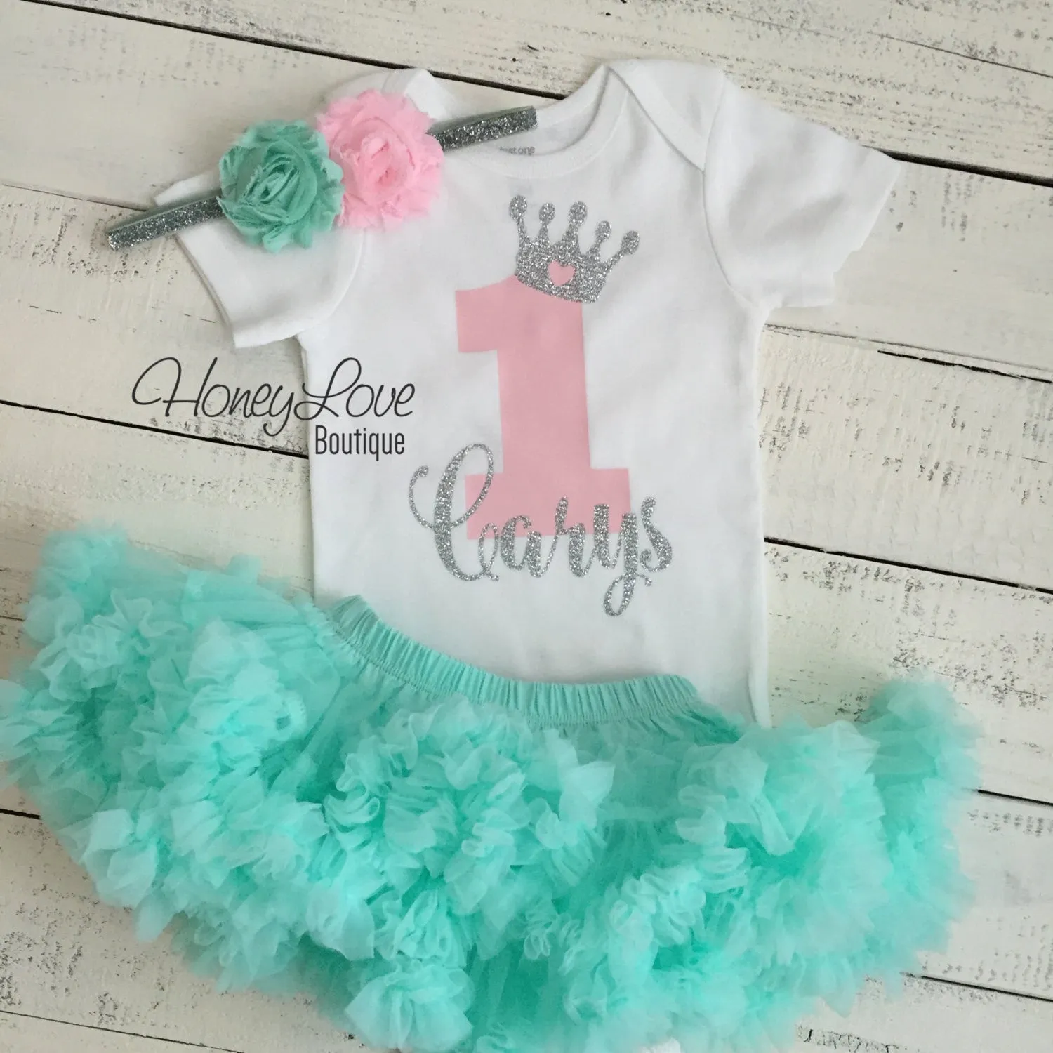 Personalized 1st Birthday Princess Outfit - Silver Glitter, Light Pink and Mint/Aqua