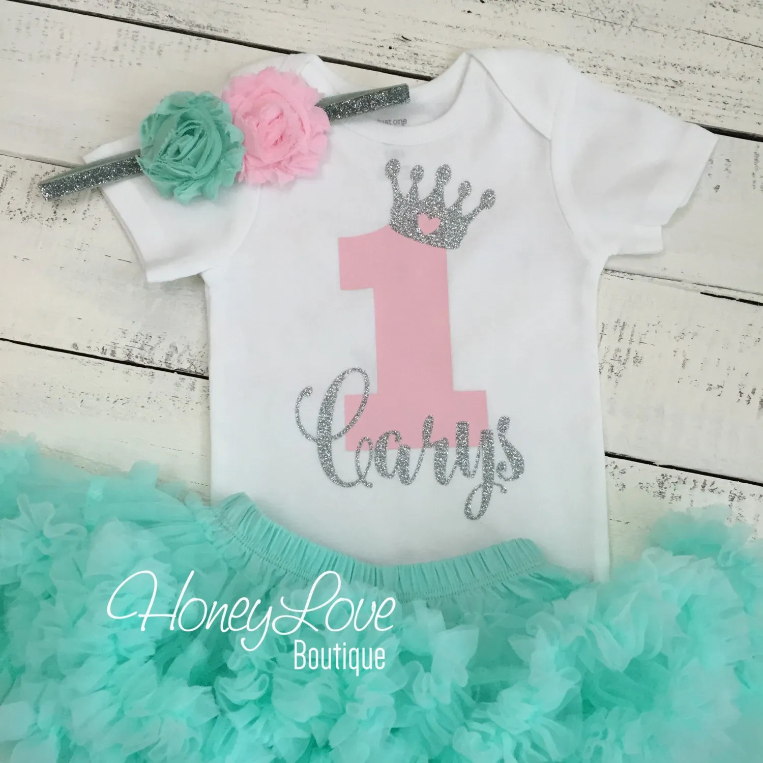 Personalized 1st Birthday Princess Outfit - Silver Glitter, Light Pink and Mint/Aqua