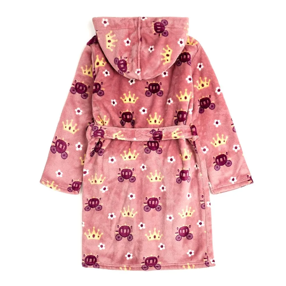 Petit Lem Plush Hooded Robe in Princess Print on Rose Coral