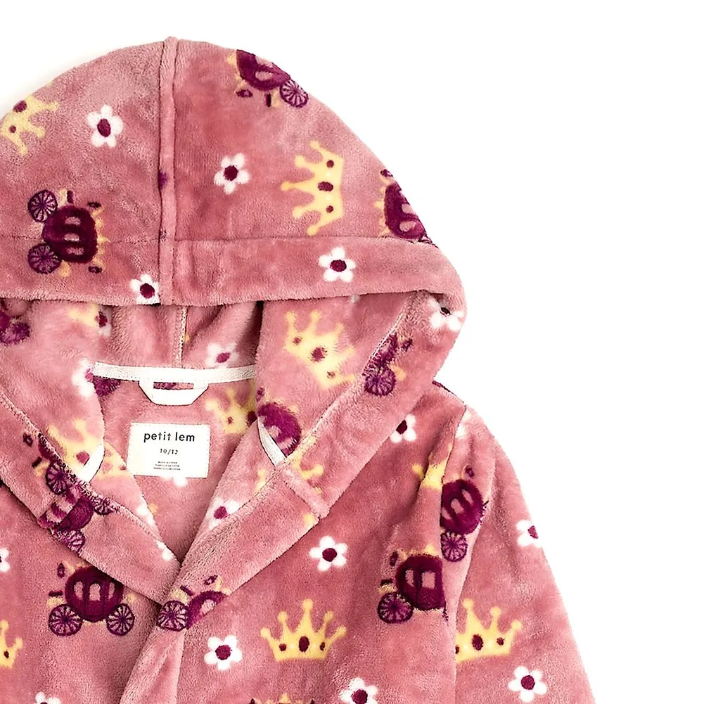 Petit Lem Plush Hooded Robe in Princess Print on Rose Coral