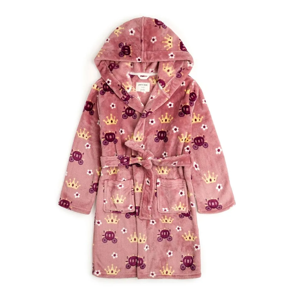 Petit Lem Plush Hooded Robe in Princess Print on Rose Coral