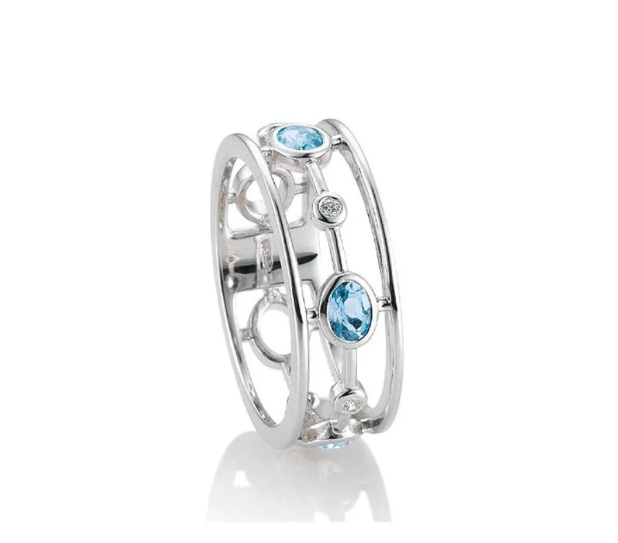 Rhodium Plated Sterling Silver Bezel Swiss Blue Topaz & Bezel White Sapphire Ring