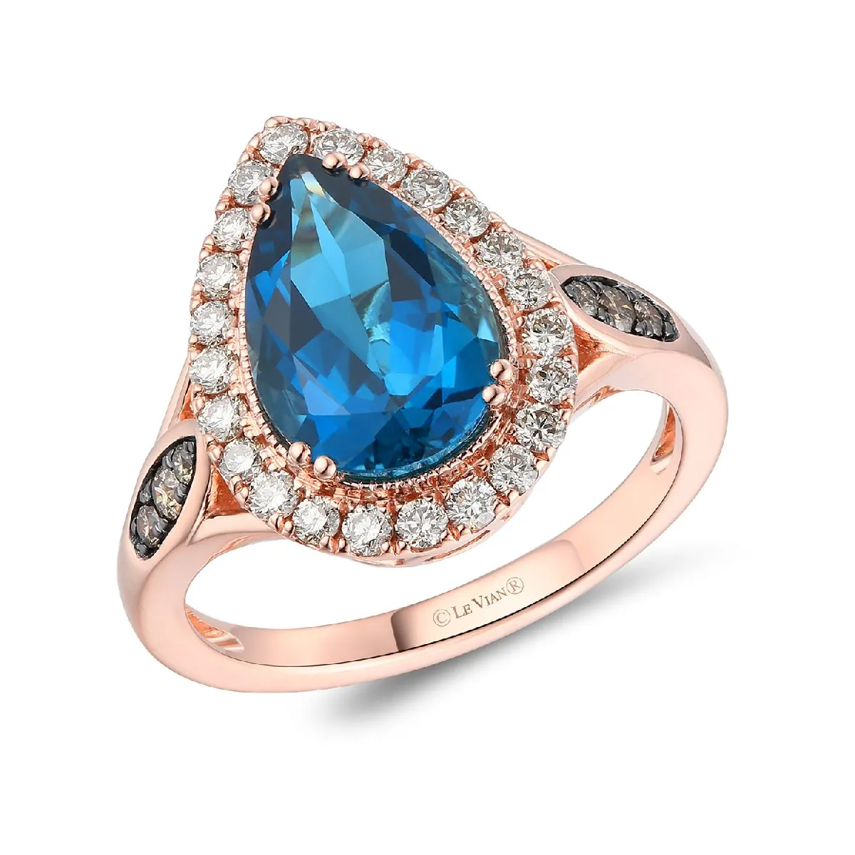 Rose Gold Pear Shaped Blue Topaz and Diamond Ring