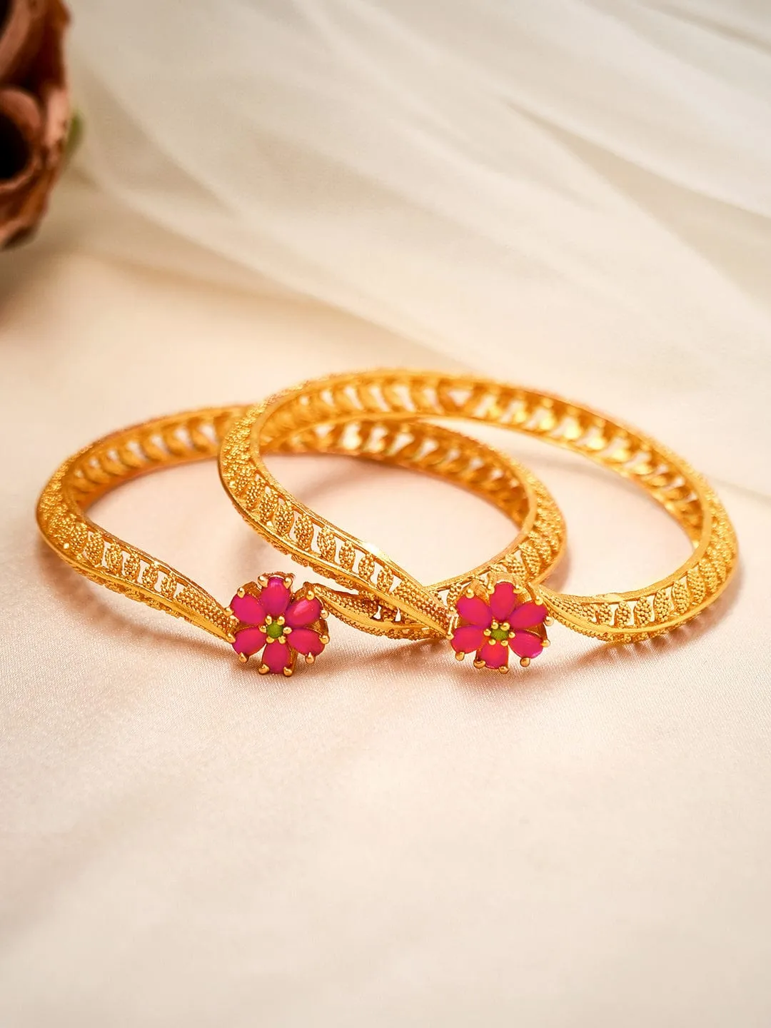 Rubans Set Of 2 24K Gold-Plated Handcrafted Ruby-Studded Bangles