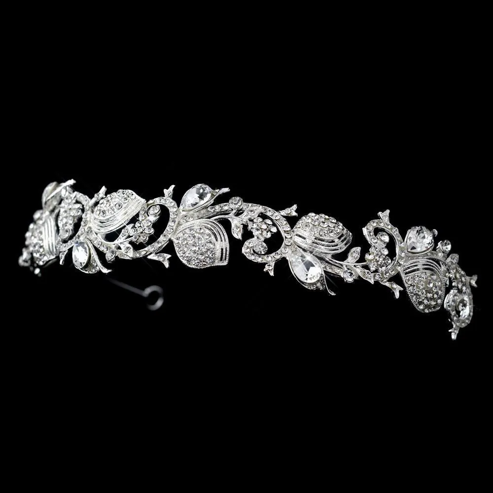 Silver Crystal Swirl Floral Leaf Wedding Headband