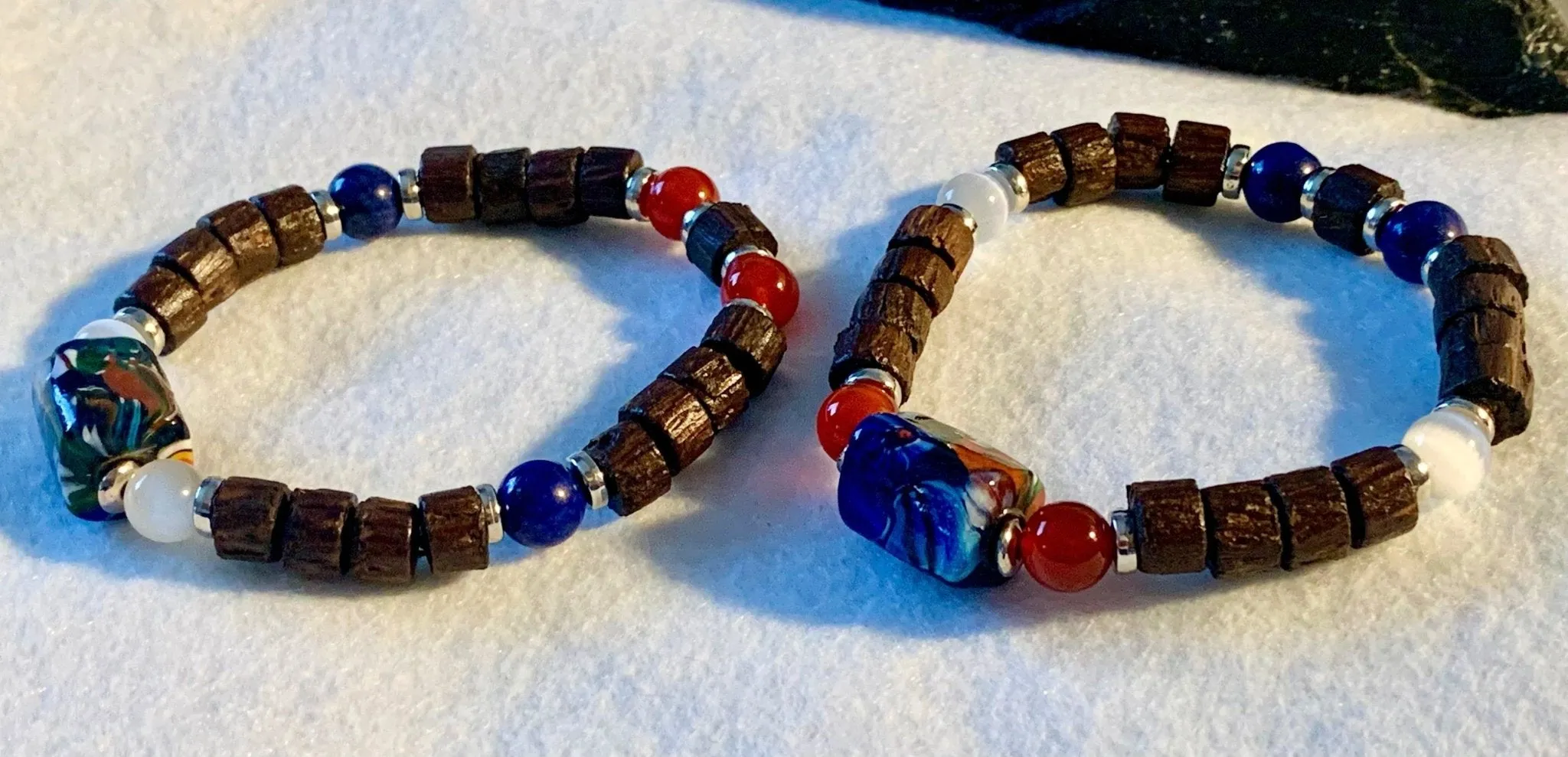 🔴SOLD🔴Oren Handmade Wood, Cats Eye, Lapis Lazuli, and Carnelian Expandable Bracelet