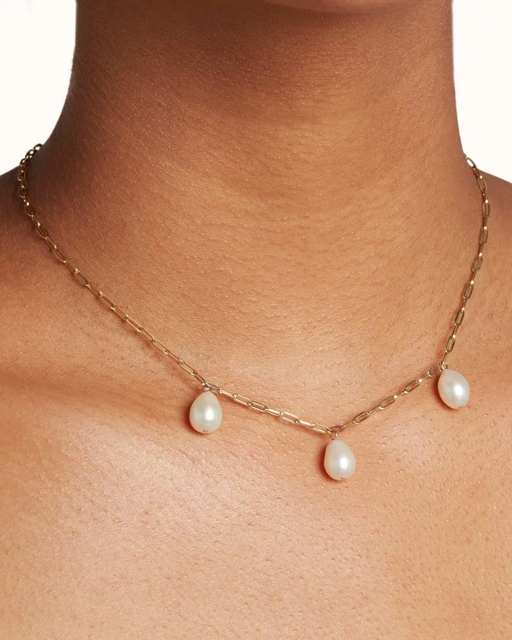 Solid Gold Triple Pearl Chain Necklace