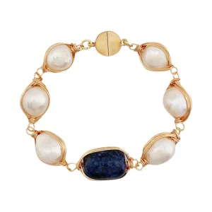 Steel Gold Plated  Bracelet w/ Freshwater Pearls & Lapis Lazuli