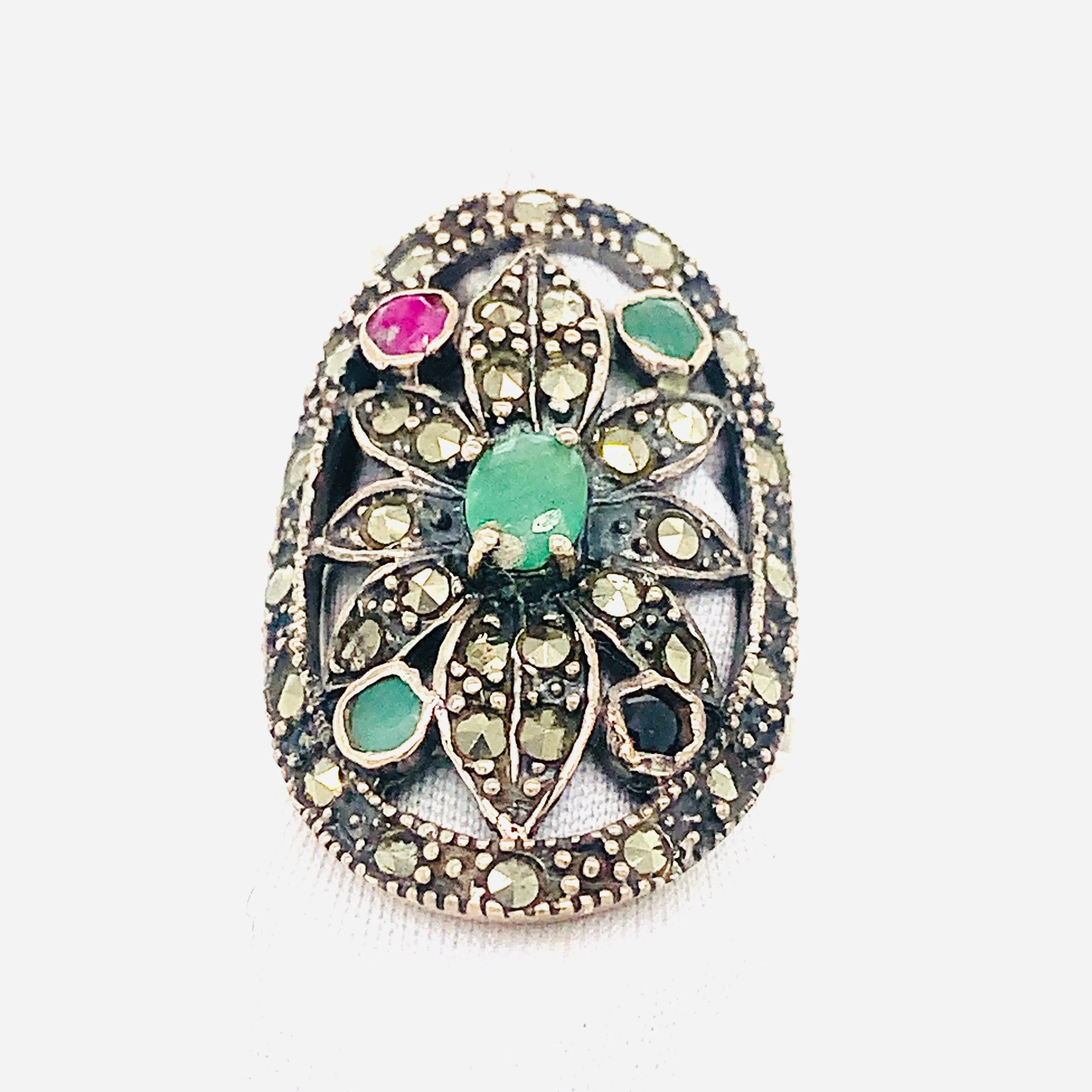 Sterling Sliver Marcasite Multi Precious Stone Ring