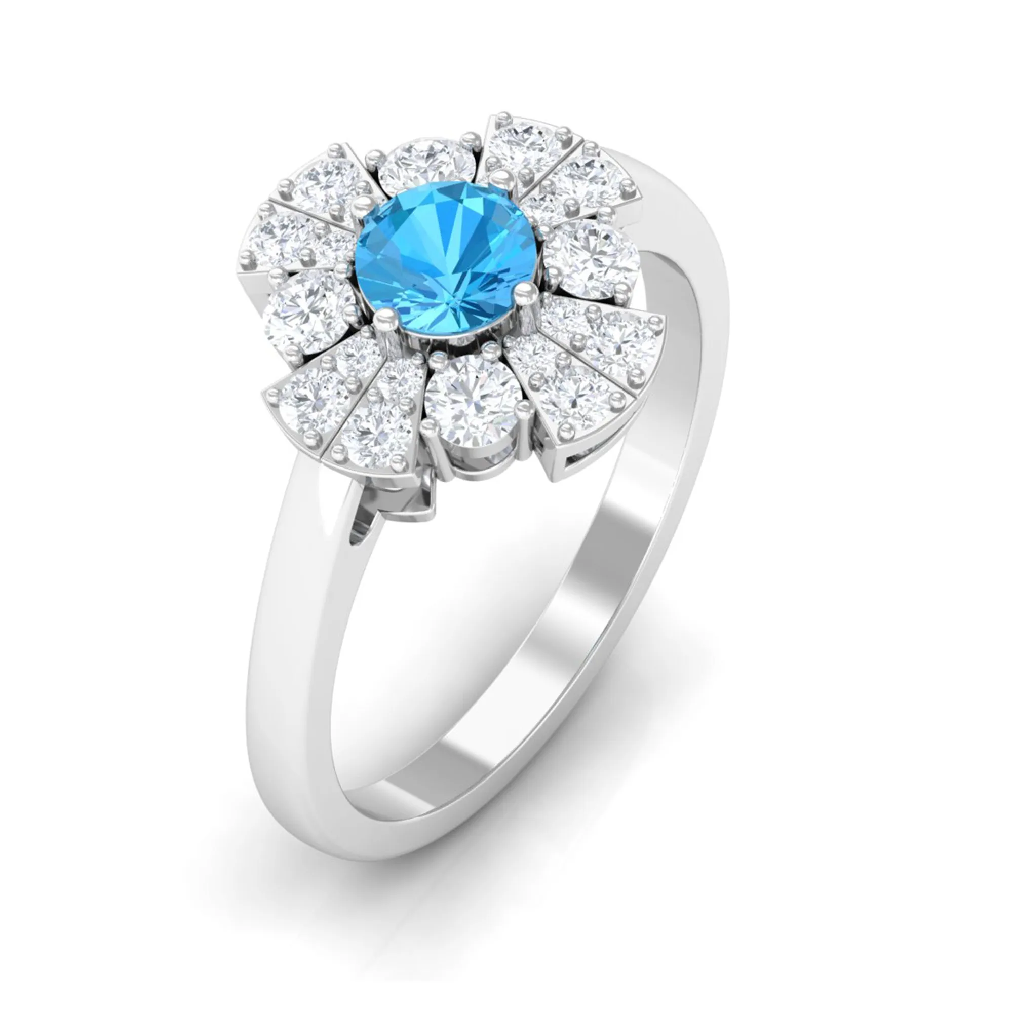 Swiss Blue Topaz Floral Engagement Ring with Moissanite