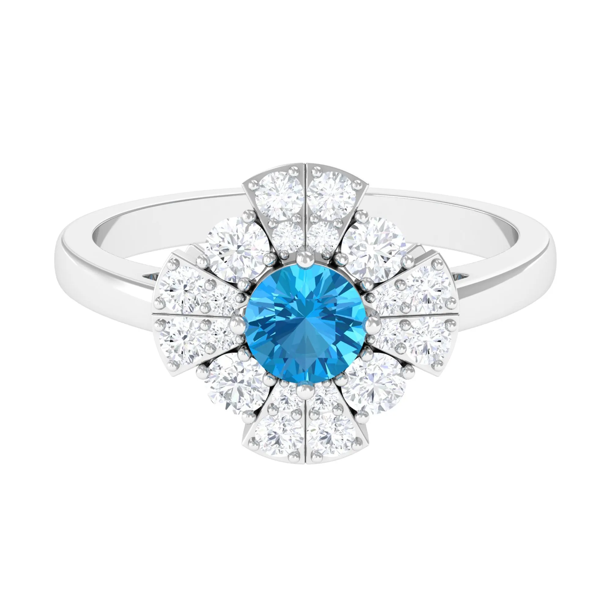 Swiss Blue Topaz Floral Engagement Ring with Moissanite