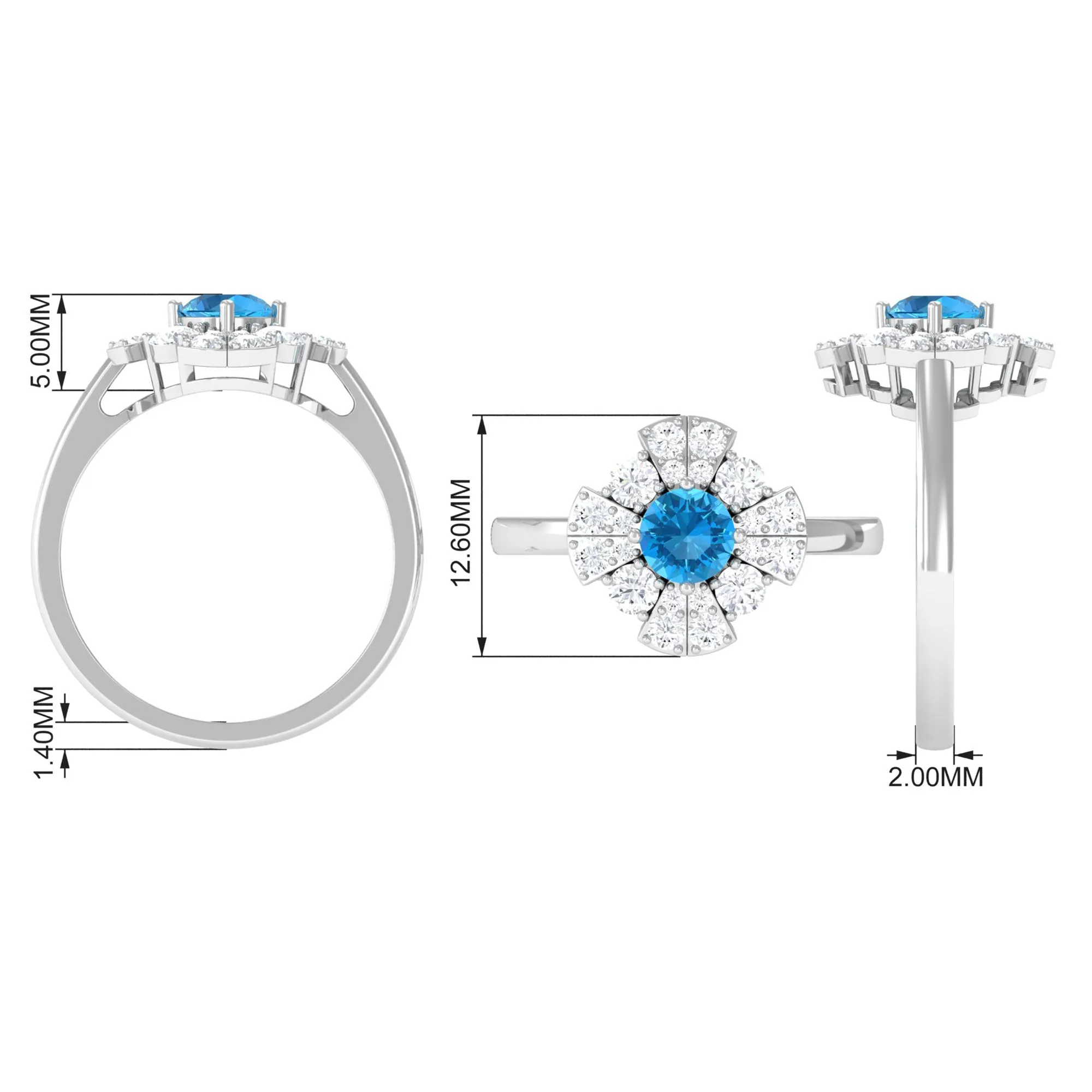 Swiss Blue Topaz Floral Engagement Ring with Moissanite