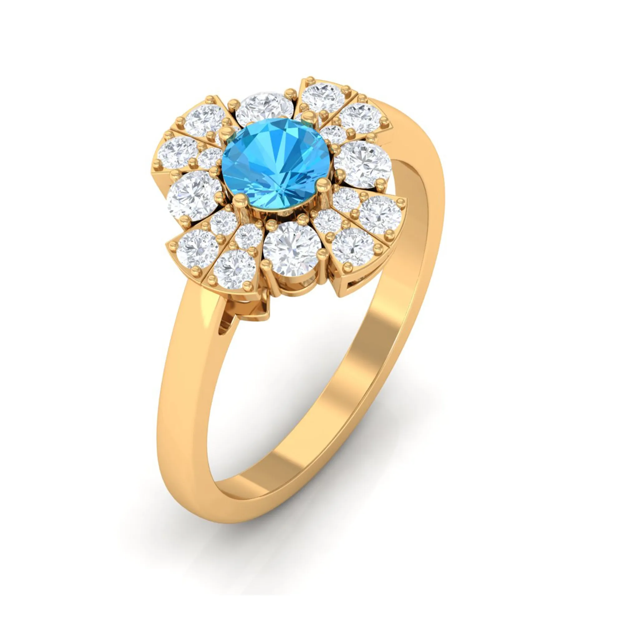 Swiss Blue Topaz Floral Engagement Ring with Moissanite