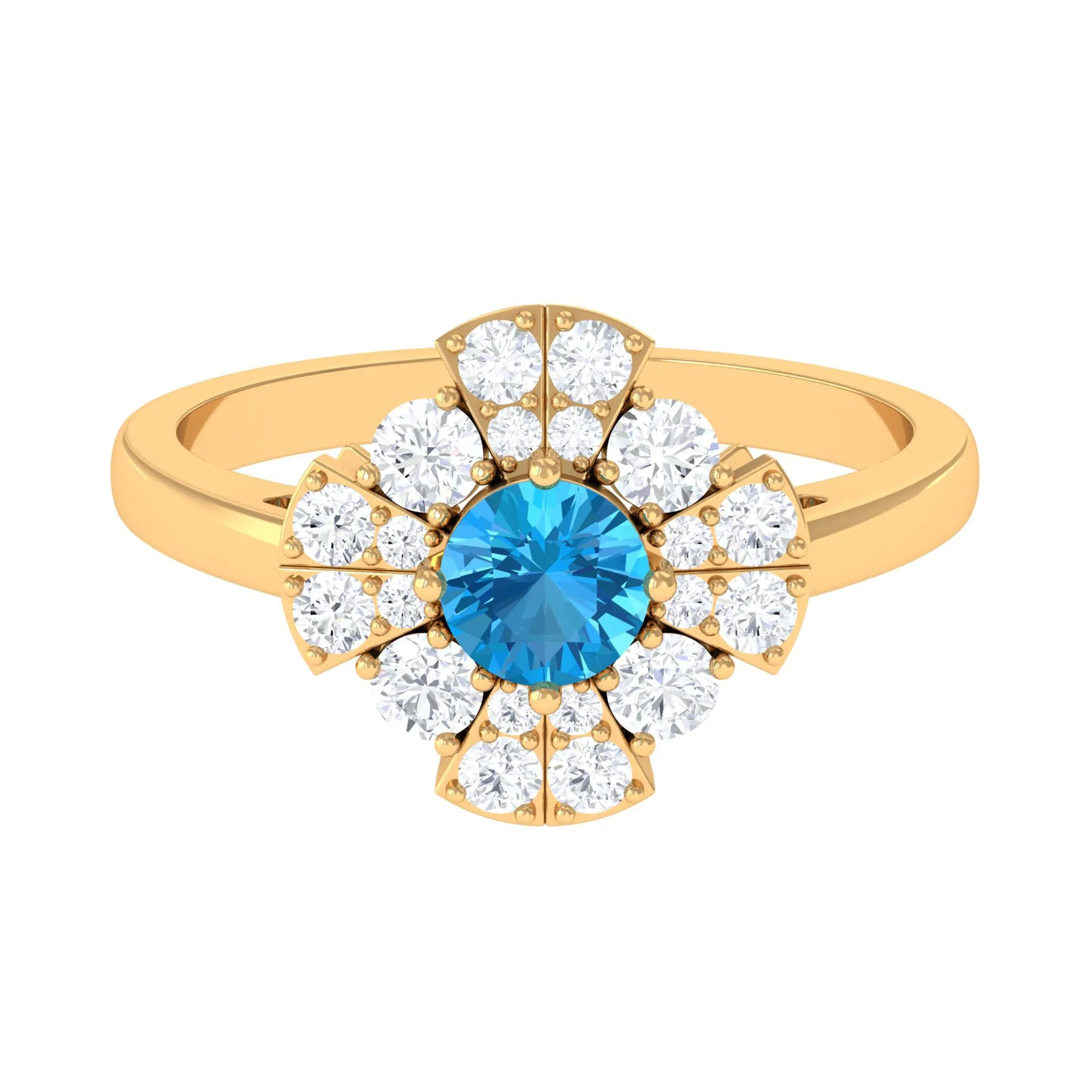 Swiss Blue Topaz Floral Engagement Ring with Moissanite