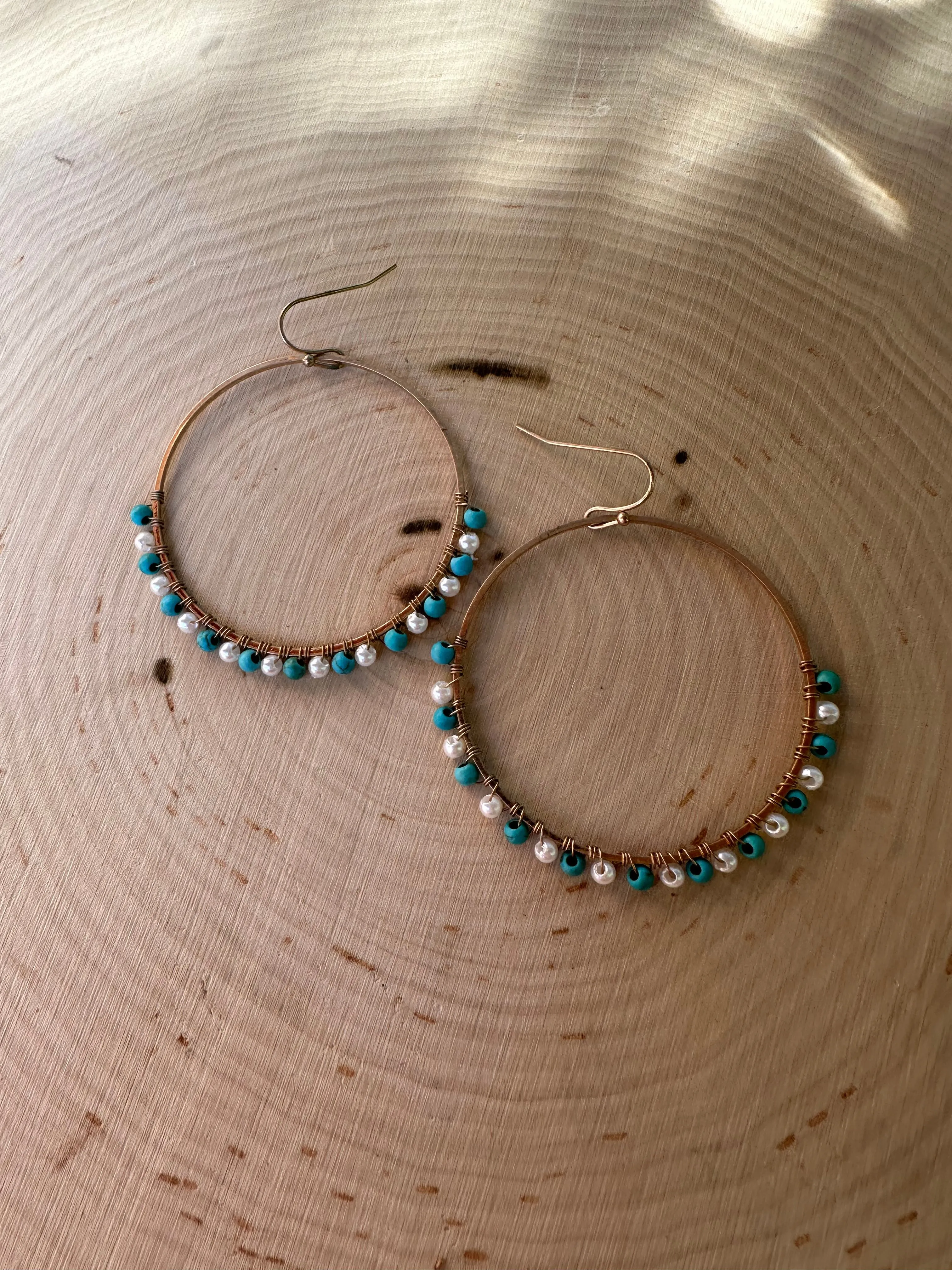 “The Golden Collection” Spring Hoop Handmade Turquoise & Pearl Beaded & 14k Gold Plated Hoop Earrings