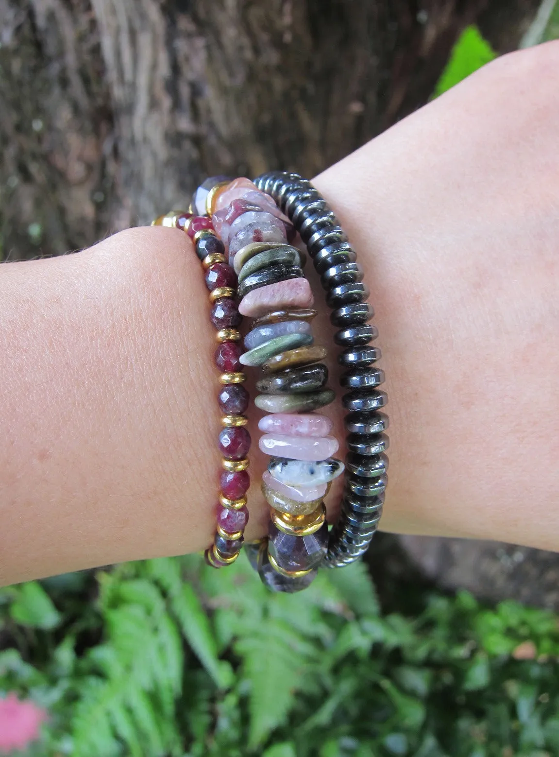 Tourmaline Rainbow Mala Bracelet in stainless gold findings