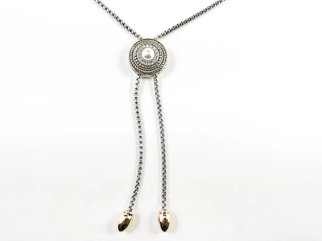 Unique Center Layered Round Pearl Two Tone Design Lariat Style Brass Necklace