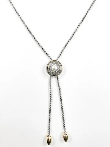 Unique Center Layered Round Pearl Two Tone Design Lariat Style Brass Necklace