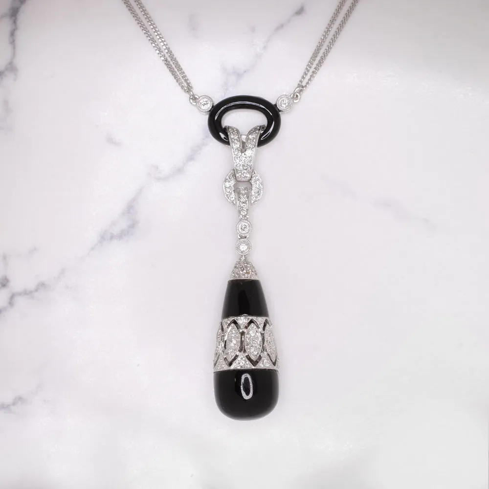 VINTAGE DIAMOND BLACK ONYX NECKLACE DROP PENDANT TEARDROP NATURAL 14k WHITE GOLD