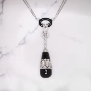 VINTAGE DIAMOND BLACK ONYX NECKLACE DROP PENDANT TEARDROP NATURAL 14k WHITE GOLD