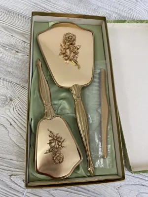 Vintage Lady Fair Gold Tone Vanity Set Mirror, Brush, Comb /rb