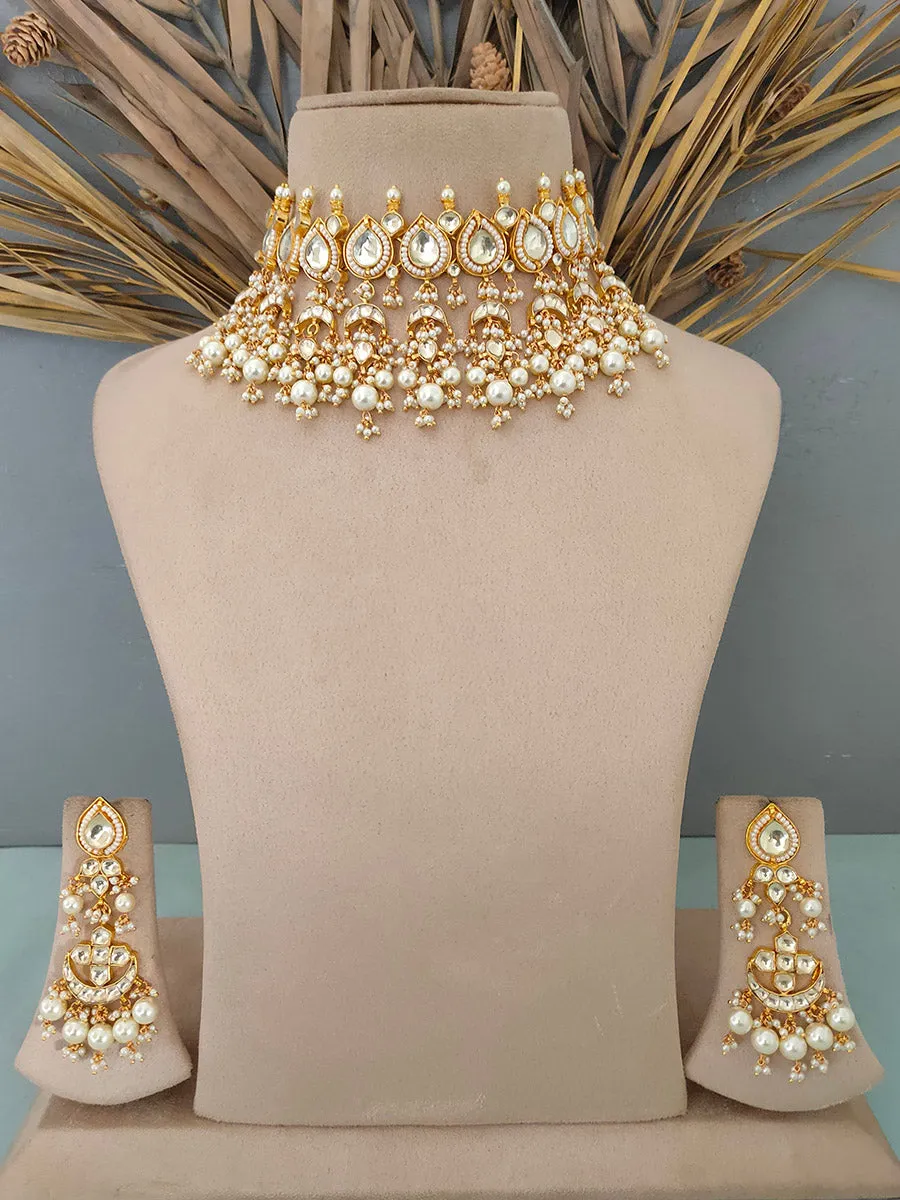 White Color Gold Plated Jadau Kundan Necklace Set - MS1486Y