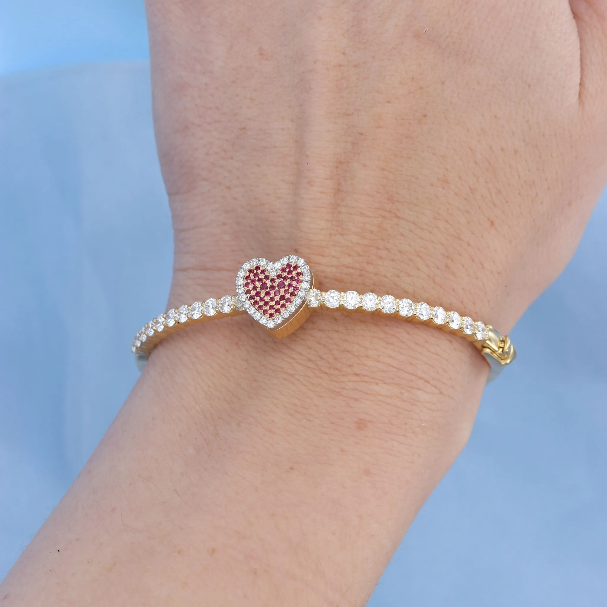 Yellow Gold Pave Ruby & Diamond Heart Hinged Bangle Bracelet