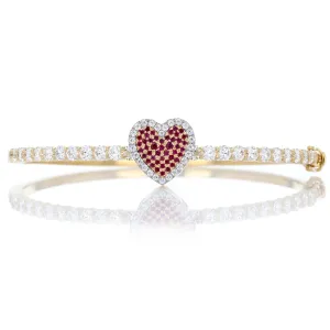 Yellow Gold Pave Ruby & Diamond Heart Hinged Bangle Bracelet