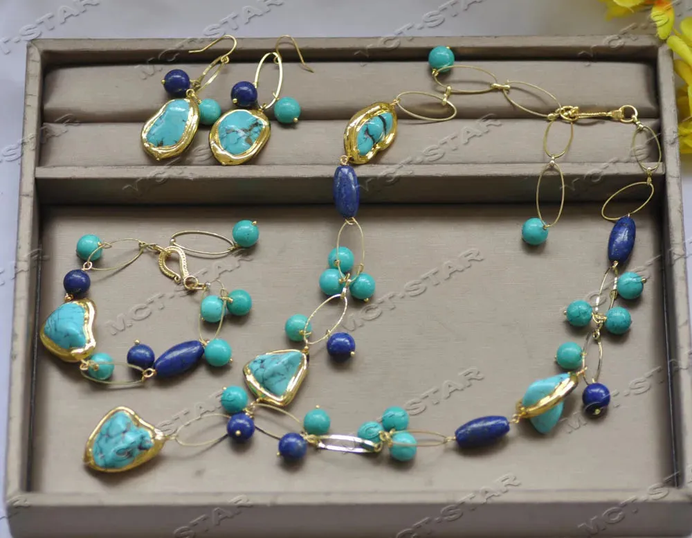 Z12654 Set 25mm Green Baroque Turquoise Blue Lapis Lazuli Gold-Plated Chain Necklace Bracelet Earring