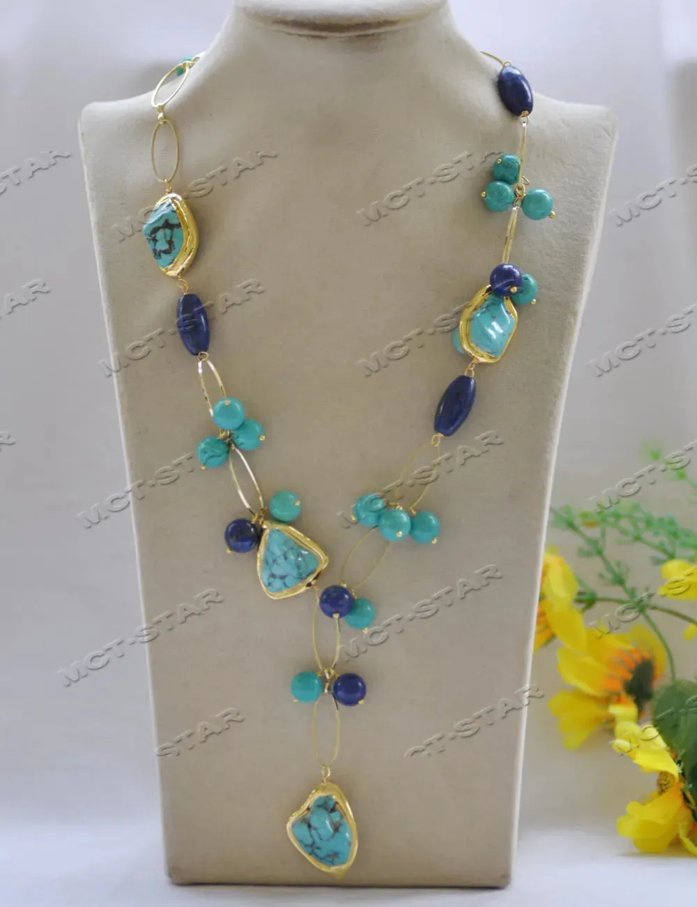 Z12654 Set 25mm Green Baroque Turquoise Blue Lapis Lazuli Gold-Plated Chain Necklace Bracelet Earring