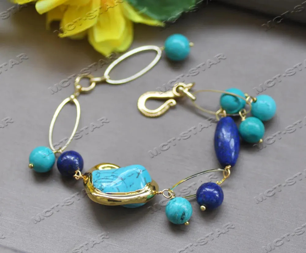 Z12654 Set 25mm Green Baroque Turquoise Blue Lapis Lazuli Gold-Plated Chain Necklace Bracelet Earring