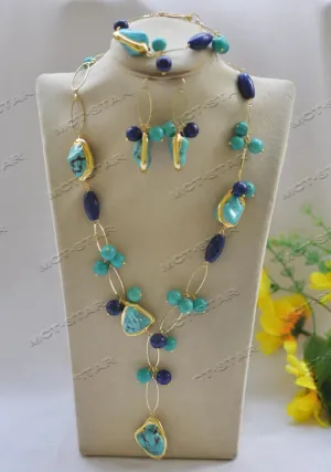 Z12654 Set 25mm Green Baroque Turquoise Blue Lapis Lazuli Gold-Plated Chain Necklace Bracelet Earring